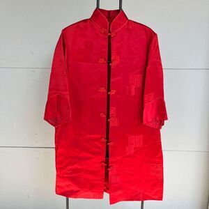 Vintage 60s/70s Red Jacquard Mandarin Coat with Frog Closures & Geometric Print